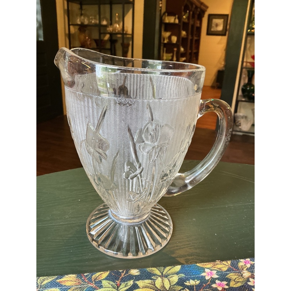 Vintage 9" Jeannette Glass Iris and Herringbone Clear Footed Pitcher
